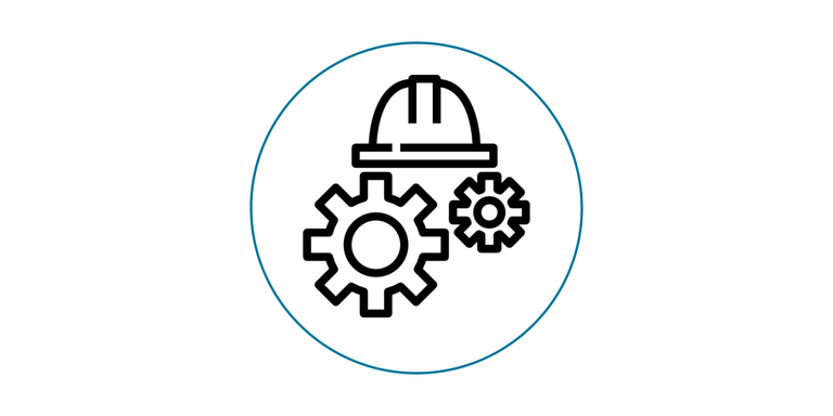 Maintenance Icon: Über zwei Zahnrädern, das eine größer als das andere, schwebt ein Bauarbeiterhelm. Das Icon wird von einem hellblauen Kreis umrandet.