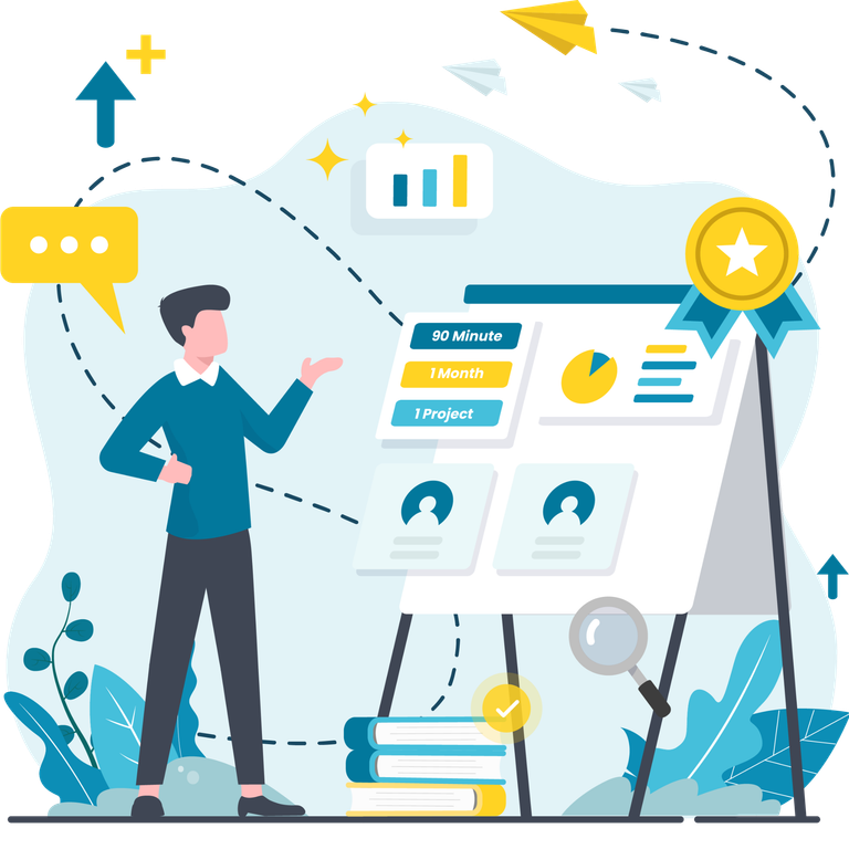 Digital Marketing Coaching Illustration: Ein Mann präsentiert etwas von einem Whiteboard. Drumherum sind eine Lupe, Bücher, steigende Grafiken & ein Pfeil der nach Oben zeigt.