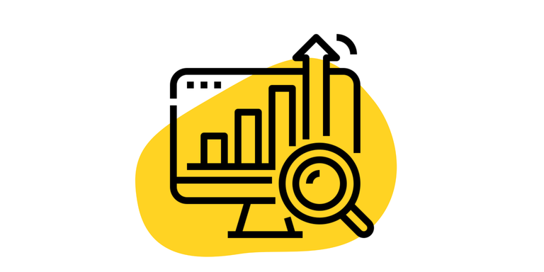 Marketing Icon: Schemenhafte Website mit steigendem Balkendiagram endend in einem Pfeil nach oben. Ein Lupe analysiert das Diagramm. Im Hintergrund ist ein gelber Klecks.