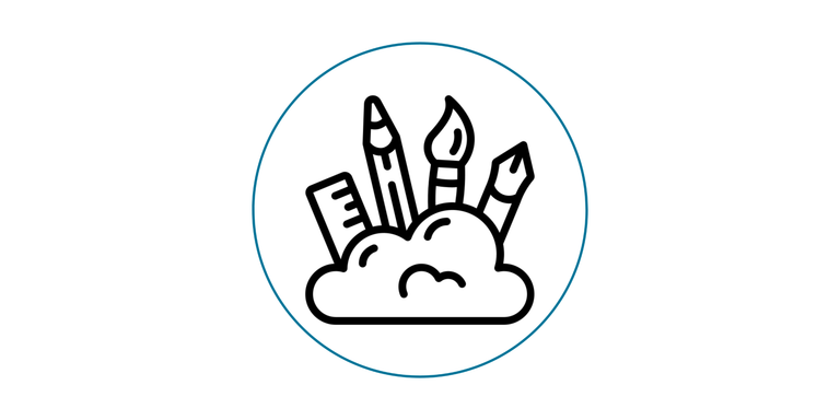 Website Design Icon: Aus einer Wolke ragen Zeichen-, Mal- und Designwerkzeuge heraus. Das Icon wird von einem hellblauen Kreis umrandet.