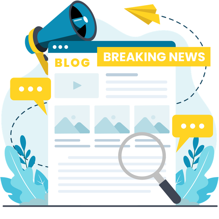 News Blog Illustration: Auf einem Browser-Tab ist ein Blog abgebildet. Daneben steht "Breaking News".