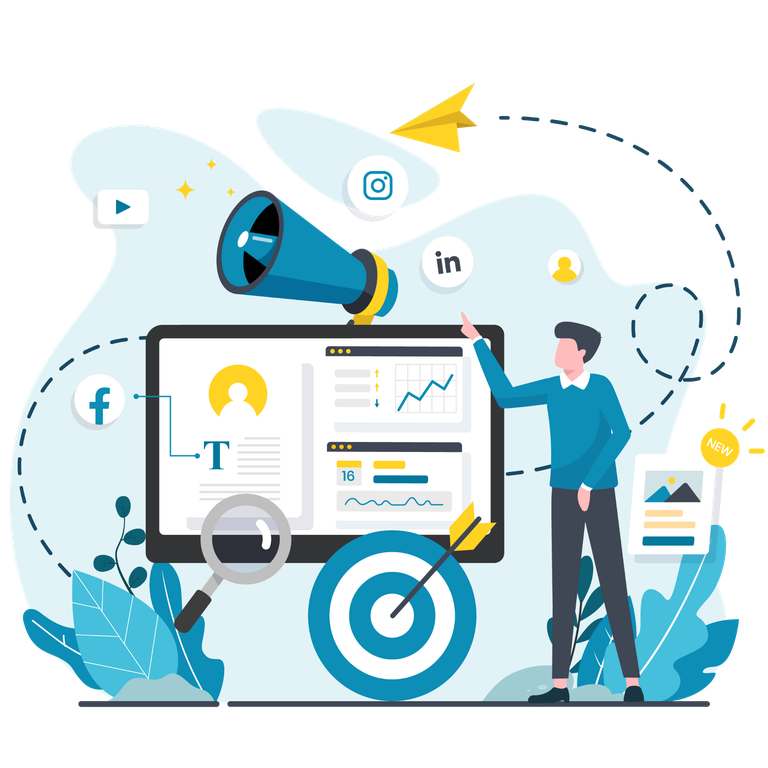 Digital Marketing Illustration: Ein Mann zeigt auf einen Bildschirm. Darauf sind Graphen zu sehen. Um ihn herum sind ein Megaphon, eine Lupe und eine Zielscheibe mit einem Pfeil im Bulls Eye sowie verschiedene Social Media Icons.