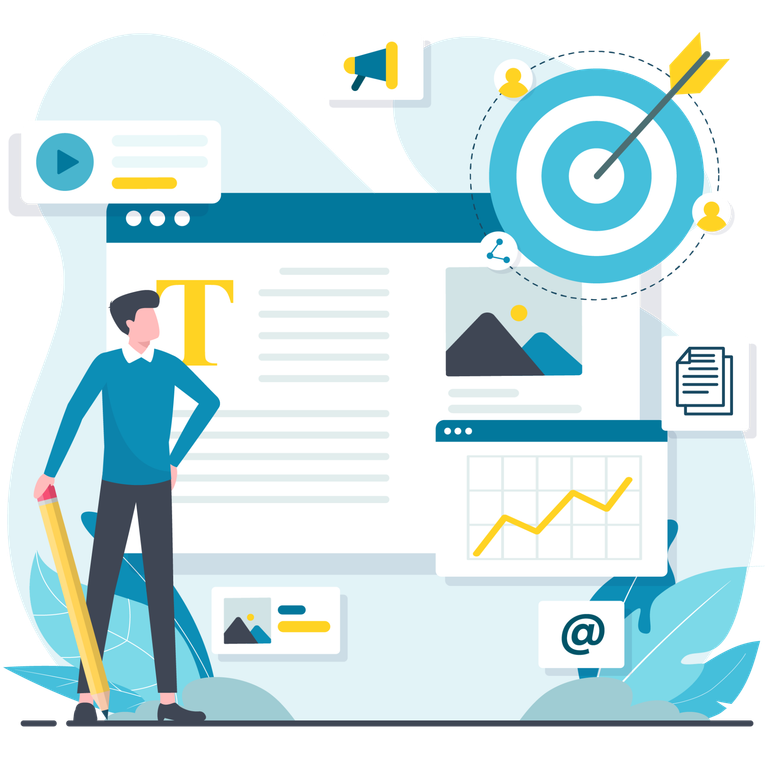 Content Marketing Illustration: Auf einem Browser-Tab ist ein Blogbeitrag abgebildet. Links steht ein Mann, der sich auf einen großen Stift abstützt und stolz den Beitrag betrachtet. Um beides herum sind Icons und Abbildungen zu Content Marketing.