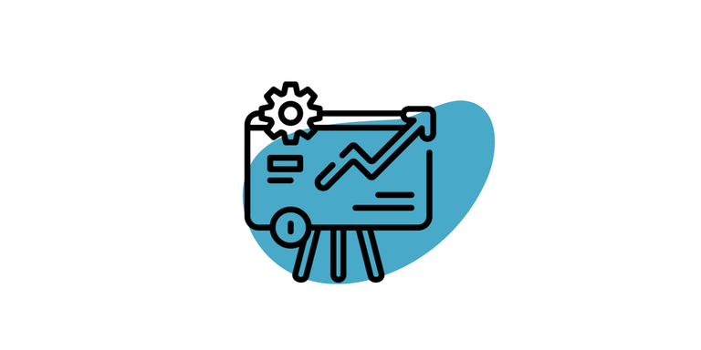 KPI Tracking Icon: Auf einem Whiteboard ist ein Liniendiagramm, ein Zahnrad und schemenhafter Text. Im Hintergrund ein hellblauer Kleks.