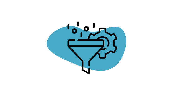 Conversion Rate Optimisation Icon: durch einen Filter fallen kleine Kügelchen. Hinter dem Filter ist ein Zahnrad abgebildet. Im Hintergrund ist ein hellblauer Kleks.