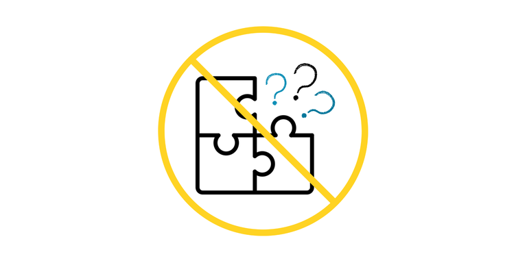 Rätselraten Icon: Zu sehen ist ein unfertiges Puzzle. Dort wo das fehlende Puzzlestück hin gehören sollte sind drei Fragezeichen abgebildet. Das Icon wird von einem gelben Kreis umrandet und gleichzeitig von einem gelben Strich quer durchgestrichen.