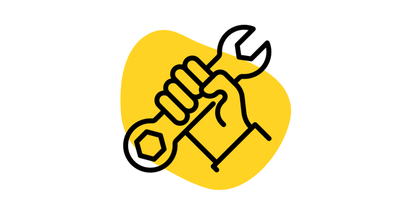 Maintenance Icon: eine Hand hält einen Schraubenschlüssel hoch. Im Hintergrund ist ein gelber Kleks.