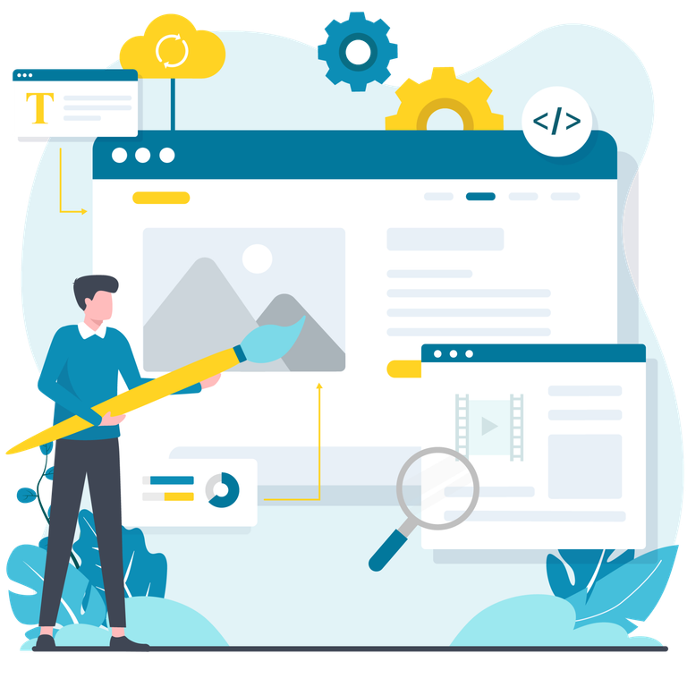 Website Design Illustration: Auf einem Browser-Tab ist eine Website im Entwicklungsstadium zu sehen. Links steht ein Mann mit einem Pinsel. 