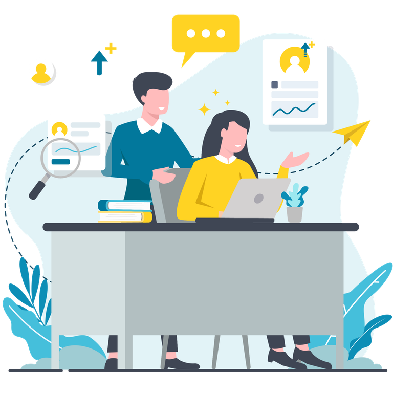 Personal Coaching Illustration: Eine Frau sitzt an einem Schreibtisch und arbeitet an ihrem Laptop. Ein Mann schaut ihr dabei über die Schulter und coacht sie bei der Arbeit.