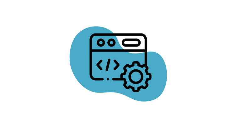 Website Development Icon: auf einem Browser-Fenster, das eine Website symbolisieren soll, ist das Symbol "</>" abgebildet, das für das Programmieren von Code steht. Vor diesem Browser-Fenster ist ein Zahnrad zusehen. Im Hintergrund ist ein hellblauer Kleks.