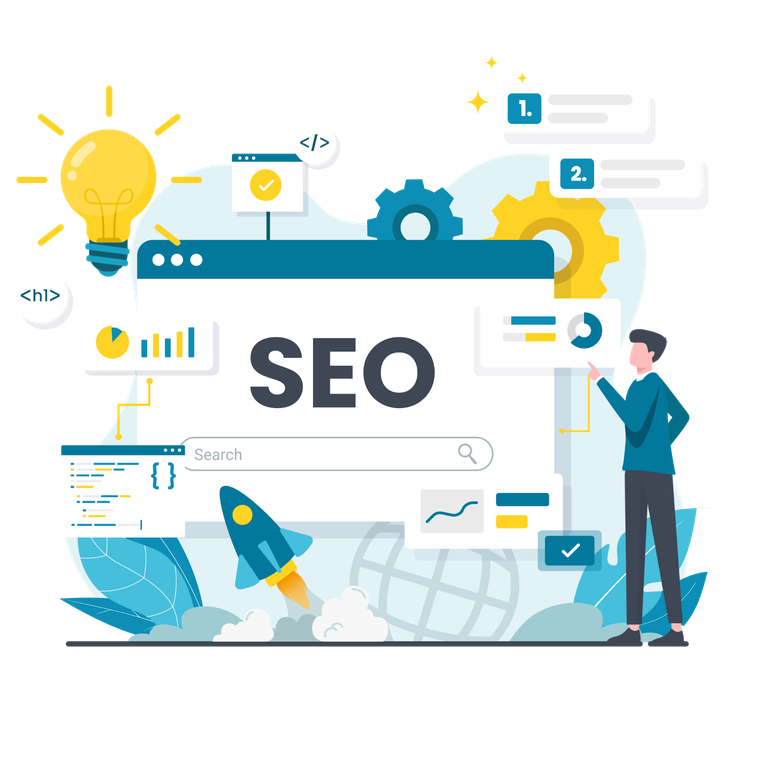 Website Design & Development Illustration: Auf einem Bildschirm steht "SEO". Darunter eine Suchleiste, um eine Suchmaschine zu symbolisieren. Drumherum ist eine Glühbirne, Zahnräder, H1-Tags, Grafiken, eine Rakete und eine Programmcode sowie ein Mann der auf eine der Grafiken zeigt.