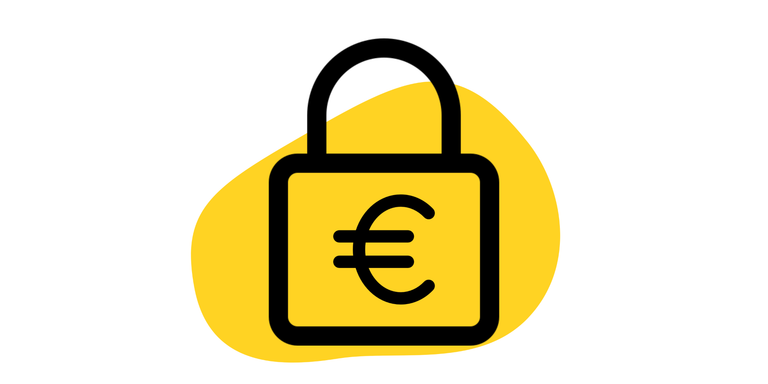 Festpreis Garantie Icon: Ein geschlossenes Schloss mit einem €-Symbol darauf. Im Hintergrund ist ein gelber Kleks.