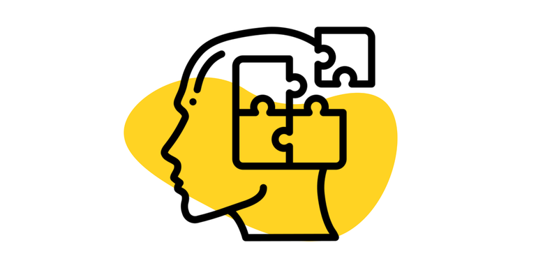 Kundenoptimierung Icon: Zu sehen ist ein Kopf von der Seite. Dort, wo sich das Gehirn befindet ist ein Puzzle abgebildet, in das sich das letzte fehlende Puzzlestück einfügt. Im Hintergrund ist ein gelber Kleks.