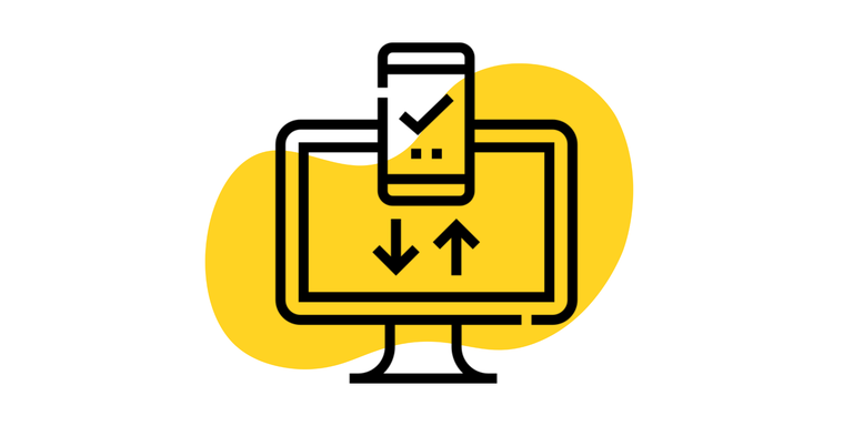 Responsive Design Icon: Zu sehen ist ein Desktop und ein Handy. Dabei zeigen zwei Pfeile zwischen Desktop und Handy hin und her. Auf dem Bildschirm vom Handy ist ein Hacken abgebildet. Im Hintergrund ist ein gelber Kleks.