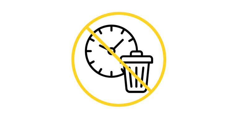 Zeit verschwenden Icon: Zu sehen ist eine Uhr und daneben ein Mülleimer. Das Icon wird von einem gelben Kreis umrandet und gleichzeitig von einem gelben Strich quer durchgestrichen.