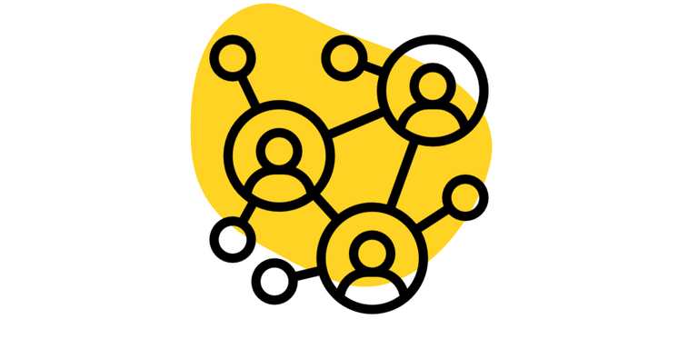 Team & Netzwerk Icon: Kleine & größere Kreise sind über Linien miteinander verbunden. In den größeren Kreisen sind Personen Icons abgebildet und bilden ein Netzwerk/Team. Im Hintergrund ist ein gelber Kleks.