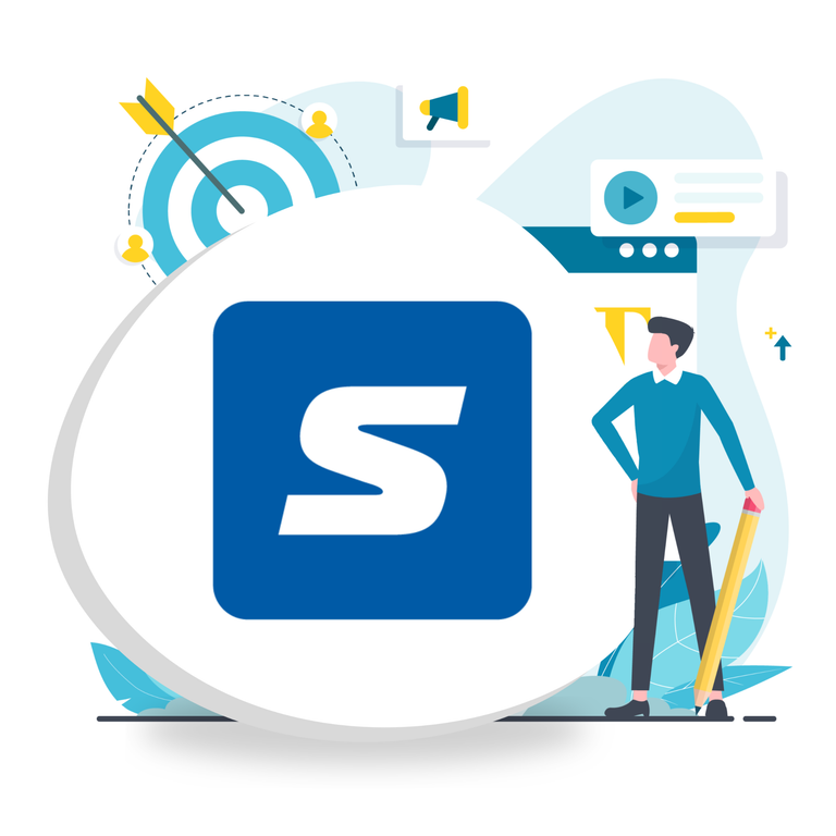 Digital Marketing Illustration: Ein Mann zeigt auf einen Bildschirm. Darauf sind Graphen zu sehen. Um ihn herum sind ein Megaphon, eine Lupe und eine Zielscheibe mit einem Pfeil im Bulls Eye sowie verschiedene Social Media Icons.