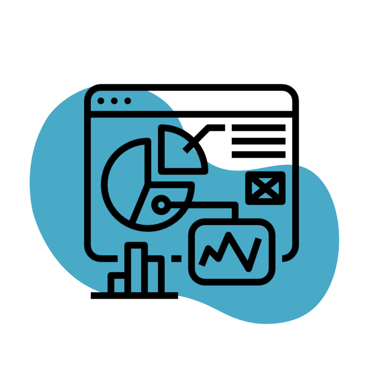 Digital Marketing Icon: Auf einer schemenhaften Website sind verschiedene Diagramme, wie Linien-, Balken- & Kreisdiagramme zu sehen. Im Hintergrund ist ein hellblauer Kleks.