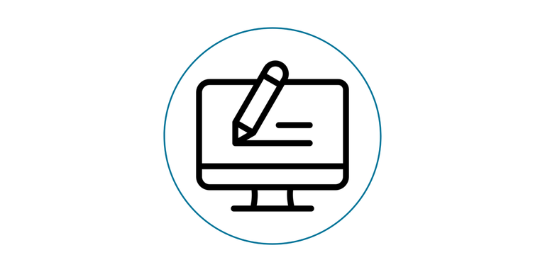 Copywriting Icon: ein Stift zieht Linien, die einen Text symbolisieren sollen, auf dem Bildschirm eines Computers. Das Icon wird von einem hellblauen Kreis umrandet.