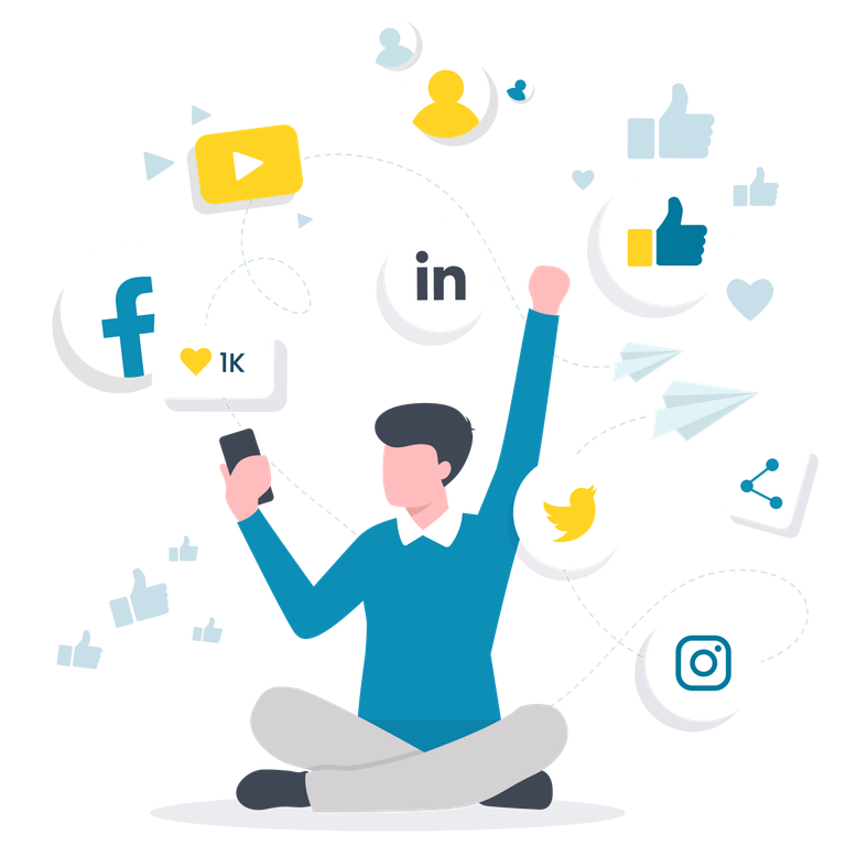 Social Media Begeisterung Illustration: Ein Mann sitzt im Schneidersitz auf dem Boden, hält sein Handy in der einen Hand und streckt die andere begeistert in die Luft. Um ihn herum schweben verschiedene Social Media Icons.
