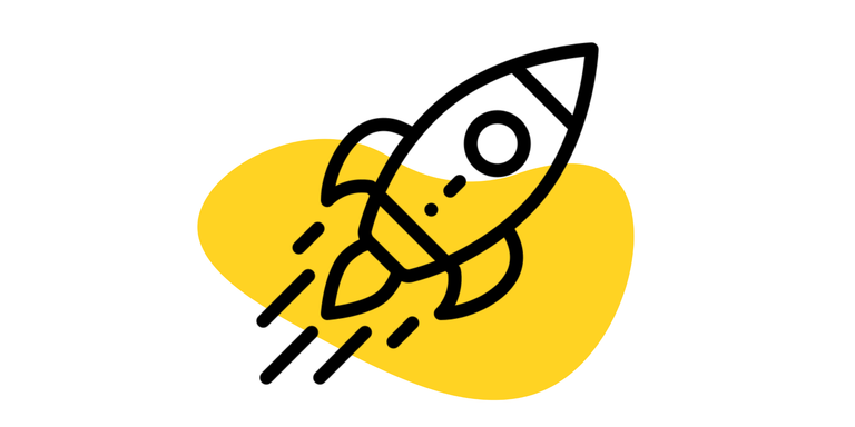 Raketen Icon: Eine Rakete steigt empor und startet durch. Im Hintergrund ist ein gelber Kleks.