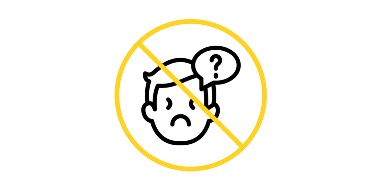 Unwissend Icon: Zu sehen ist ein Mann, der frustriert sein Gesicht verzieht. Dabei schwebt eine Sprechblase über ihm mit einem Fragezeichen darin. Das Icon wird von einem gelben Kreis umrandet und gleichzeitig von einem gelben Strich quer durchgestrichen. Das Icon wird von einem gelben Kreis umrandet und gleichzeitig von einem gelben Strich quer durchgestrichen. Das Icon wird von einem gelben Kreis umrandet und gleichzeitig von einem gelben Strich quer durchgestrichen.