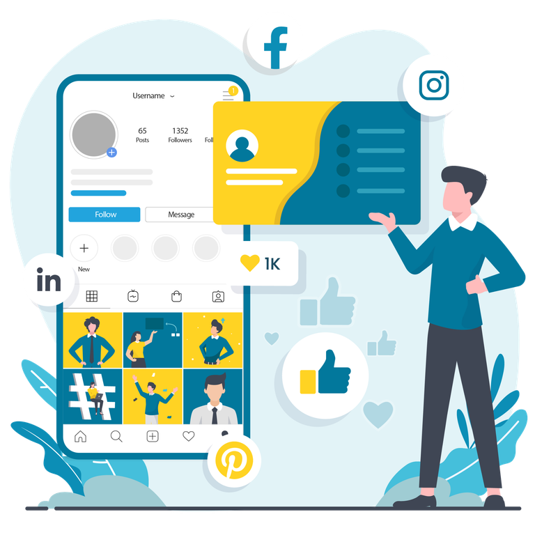 Social Media Visitenkarte Illustration: Auf einem Handy ist dein Social Media Profil abgebildet. Daneben schwebt eine Visitenkarte auf die ein Mann zeigt. Drum herum schweben verschiedene Social Media Icons.