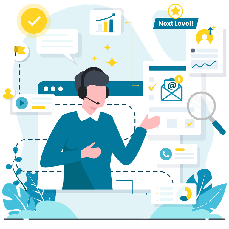 Kontakt Illustration: Ein Mann mit Headset gestikuliert, als würde er mit einem Kunden sprechen. Um ihn herum sind verschiedene Grafiken und Icons rund um "Kontakt" und Customer Service.