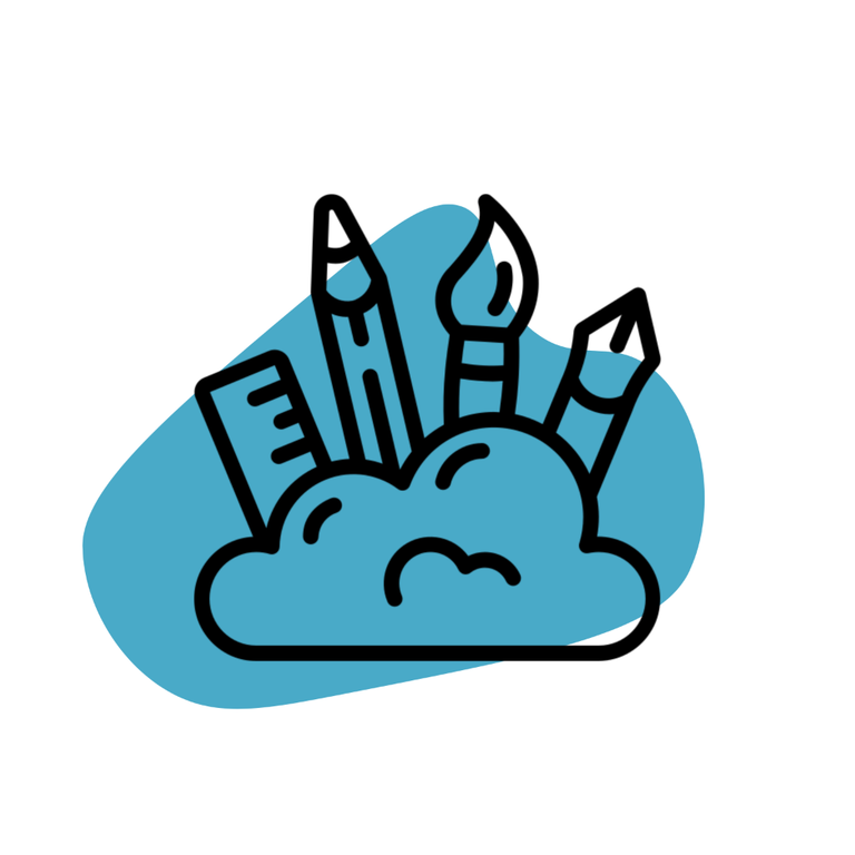 Website Icon: Aus einer Wolke ragen Zeichen-, Mal- und Designwerkzeuge heraus. Im Hintergrund ist ein hellblauer Kleks.