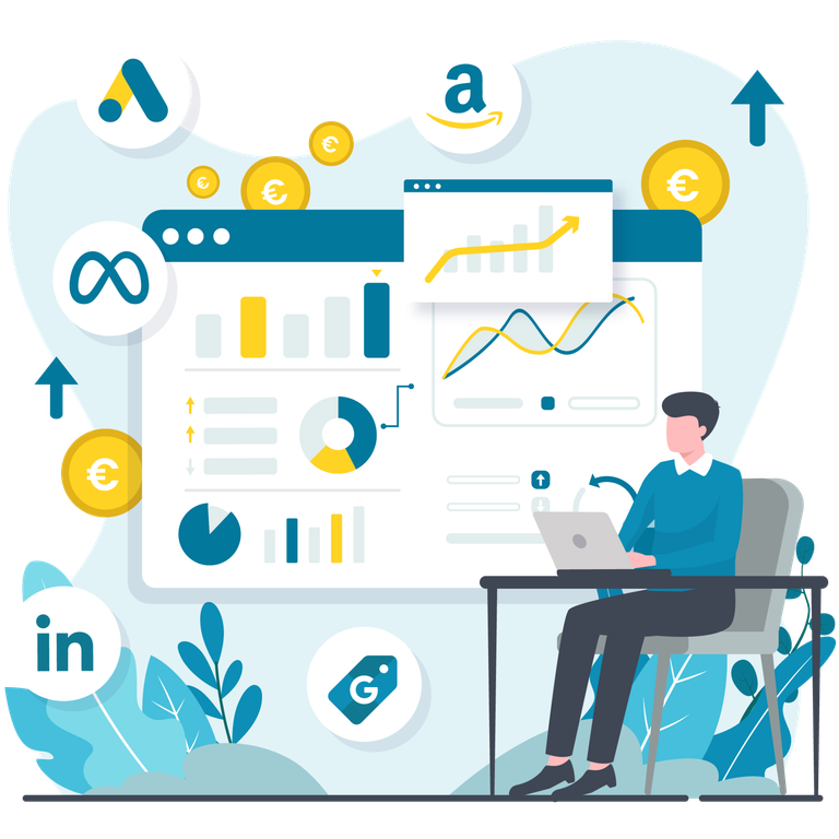 PPC Marketing Illustration: Auf einem Browser-Tab sind verschiedene Performance Grafiken zu sehen. Rechts daneben sitzt ein Mann an einem Schreibtisch mit seinem Laptop. Drum herum sind Icons der verschiedenen PPC-Anbieter zu sehen.