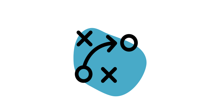 Strategie Icon: Zu sehen sind zwei Kreise und zwei Kreuze. Ein Pfeil zeigt von einem Kreis an den Kreuzen vorbei auf den zweiten Kreis. Im Hintergrund ist ein hellblauer Kleks.