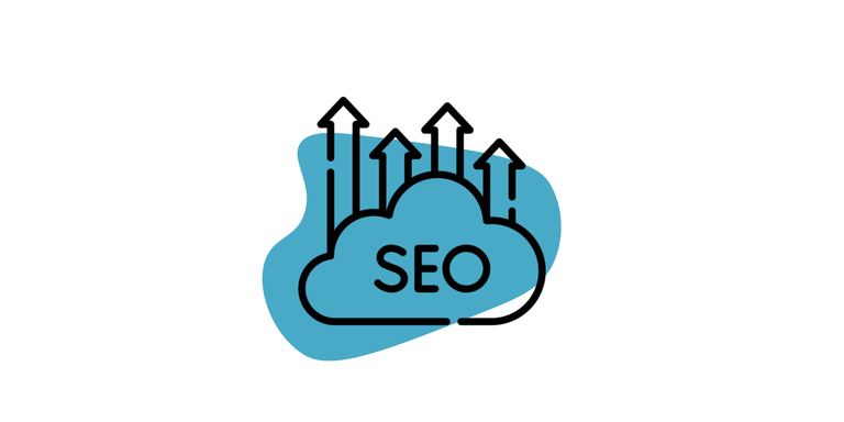 SEO Icon: Aus einer Wolke mit dem Schriftzug "SEO" ragen mehrere Pfeile heraus, die für ein steigendes Ranking stehen. Im Hintergrund ist ein hellblauer Kleks.